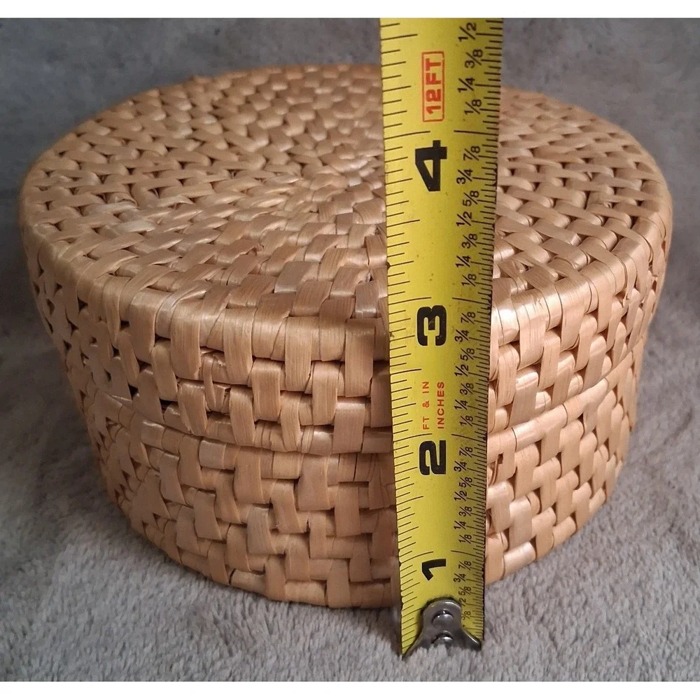 Vintage Handwoven Rattan Coaster Set of 6 with Round Lidded Basket Holder Boho